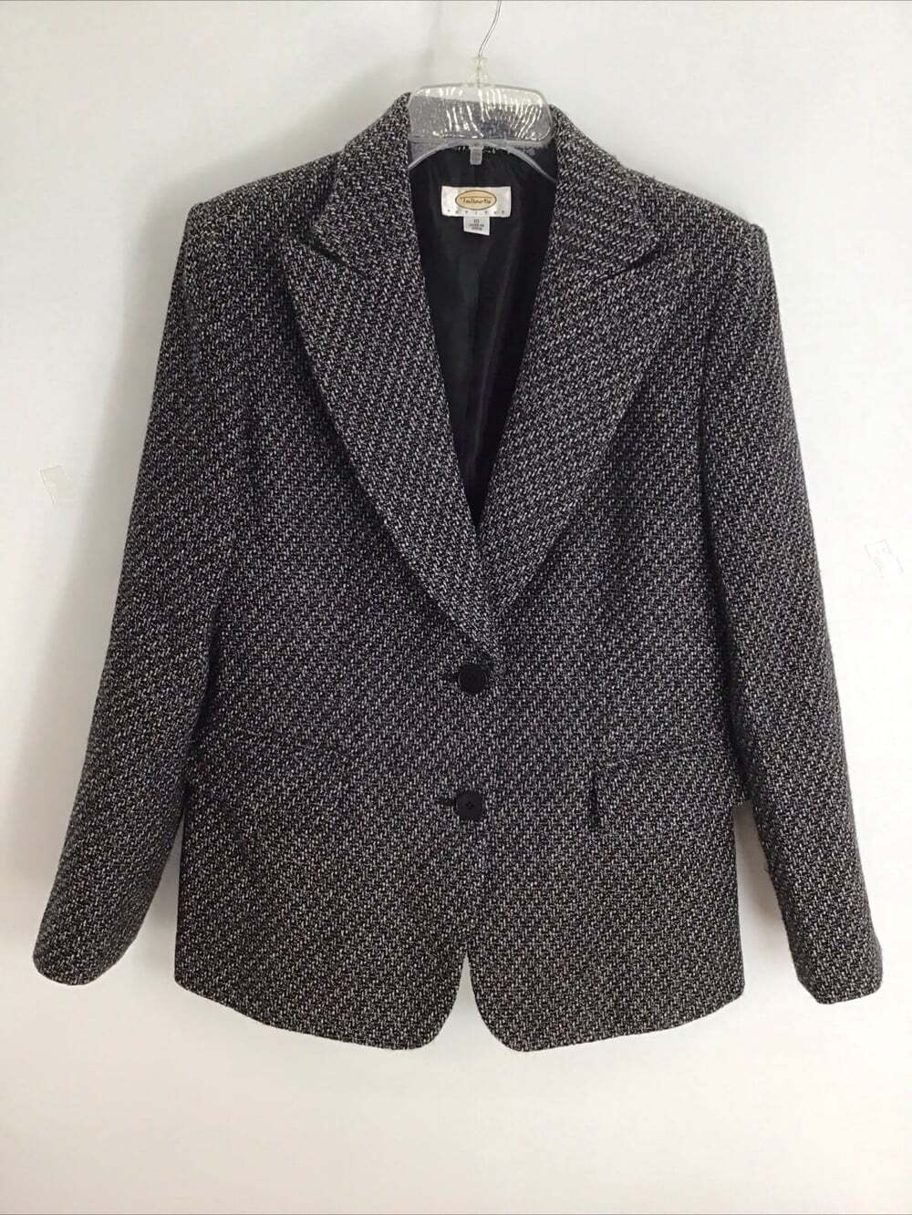 Talbots Vintage Women's Tweed Blazer 100% Wool Lined Two-Button Blk/Gray Sz 10P